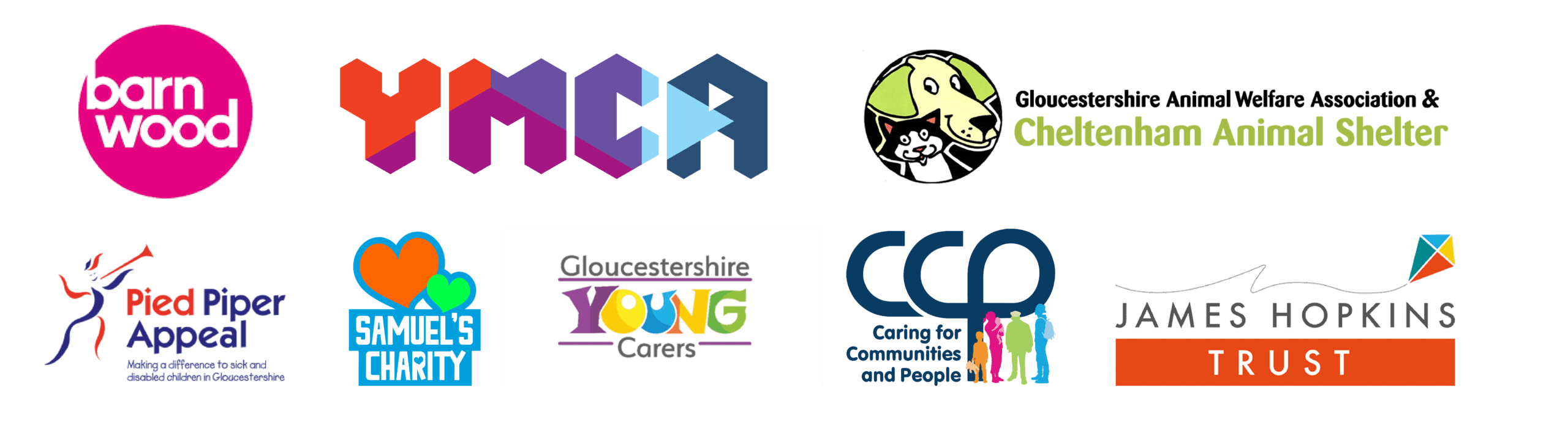 Logos of Charities including Barnwood trust, YMCA, Cheltenham Animal shelter, Pied piper appeal, Sam's charity, Gloucestershire young carers, CCP charity,James Hopkins Trust