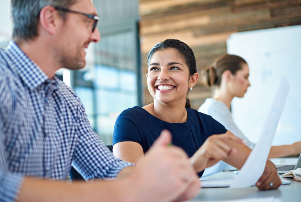 Happy employees, woman smiling at inclusive workplace 